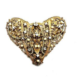 Vintage 1950s Miriam Haskell Heart Brooch—Iconic Frank Hess Filigree Design—EUC